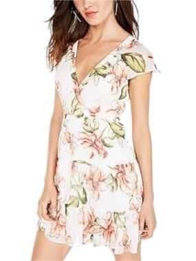 Guess Ivory Blushing Azalea Lola Short Sleeve Cross Tie Back Mini Dress (S)